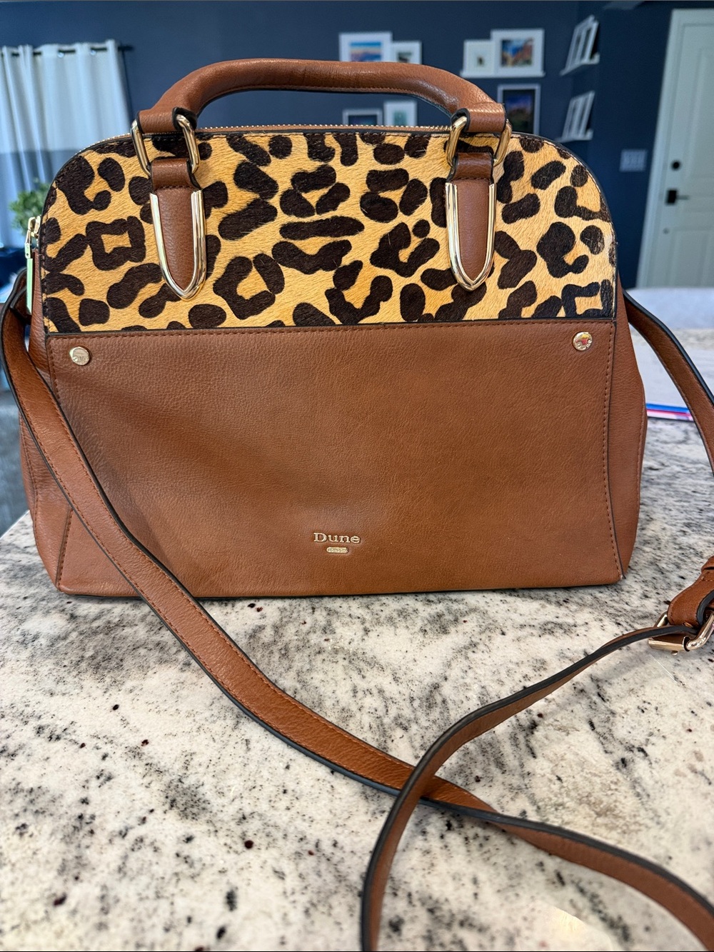Dune London Brown Leopard Print Leather Satchel with short and long handle